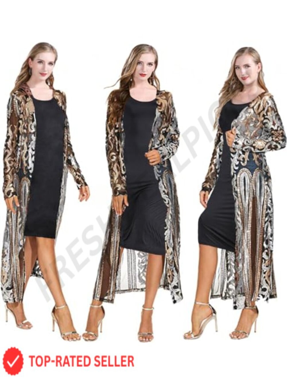 Sequin Open Front Long Sleeve Cardigan Cover Up for Evening Party